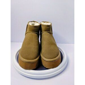 Womens Beige Suede Ankle Boots With Shearling Lining & Rubber Sole
